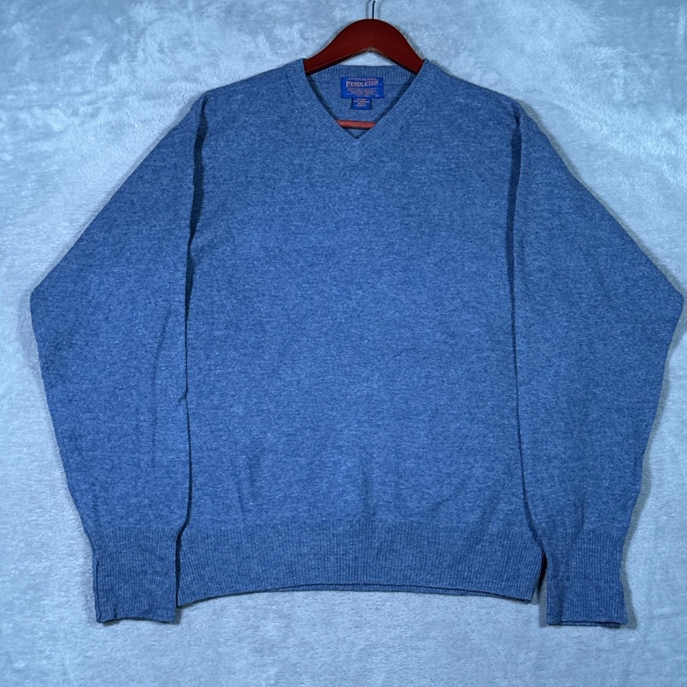 Pendleton Sweater Mens Small Blue Wool 100% Lambswool V Neck Knit Pullover *FLAW